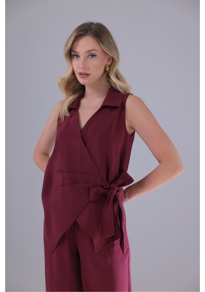 Genel Markalar Yandan Bağlamalı Kruvaze Modal Tencel Kumaş Bluz Gömlek Bordo Bordo
