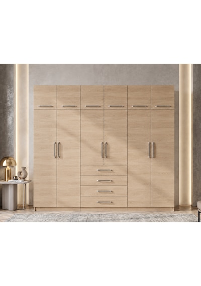 Asel Tamamı Mdf 6 Kapaklı Gardırop Dolap Meşe 260 Cm