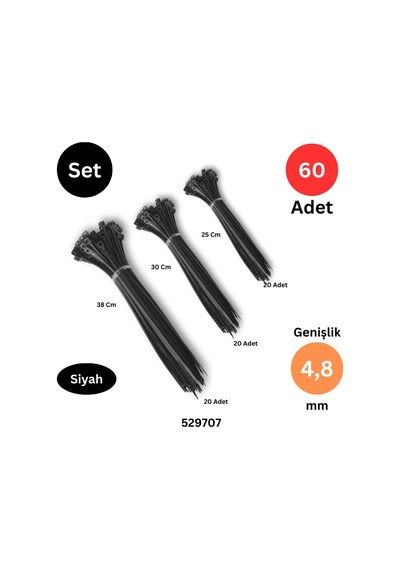 Tek-iş Plastik Kablo Bağı Klipsi Cırt Kelepçe 250-300-380 Mm X 4.8 Mm Siyah 20 Şer Adet Toplam 60 Adet Genel