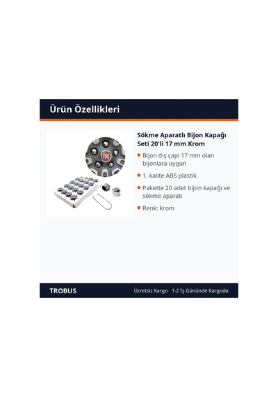 Trobus Sökme Aparatlı Bijon Kapağı Seti 20'li 17 Mm Krom