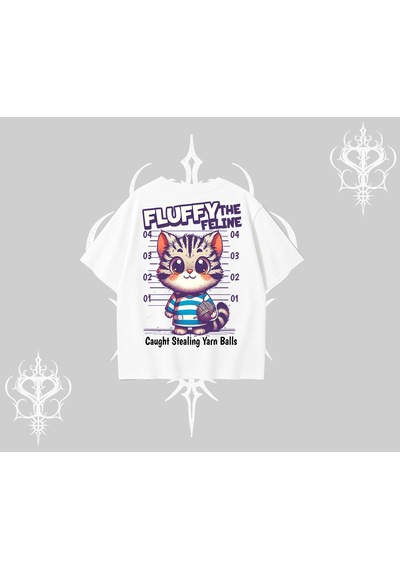 Tarzsokak Fluffy The Feline Yazılı Sevimli Kedi Arka Baskılı Oversize Tshirt Beyaz