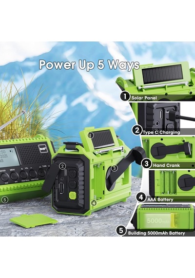 Rocam Dab/dab+/fm 5000 Mah Güneş Enerjili Dijital Acil Durum Radyosu Alarm Saatli Radyolar Yeşil