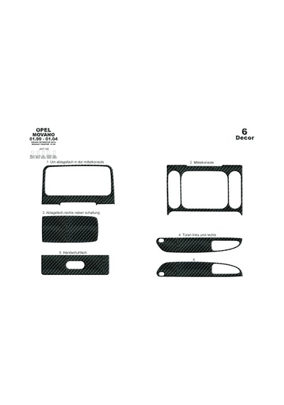 Opel Movano Master İnterstar Torpido Kaplama 1999-2003 6 Parça Karbon