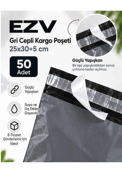 Gri Cepli Kargo Poşeti 25x30+5 Cm 50 Adet Yapışkanlı, Şeffaf Evrak Cepli