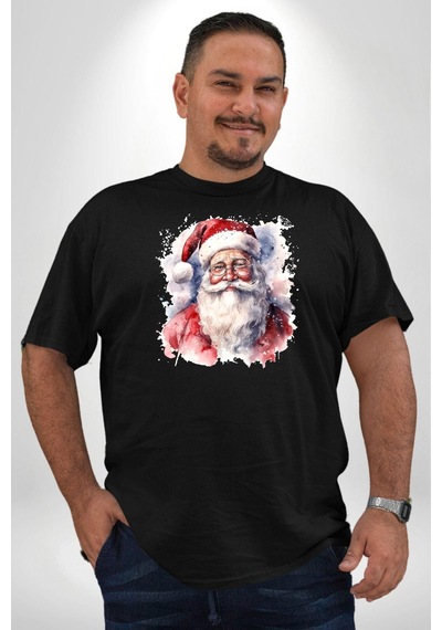 Angemiel Mutlu Noel Baba Yeni Yıl Tasarımı Siyah Büyük Beden Erkek Kadın Unisex Basic Ön Baskılı Tişört Siyah