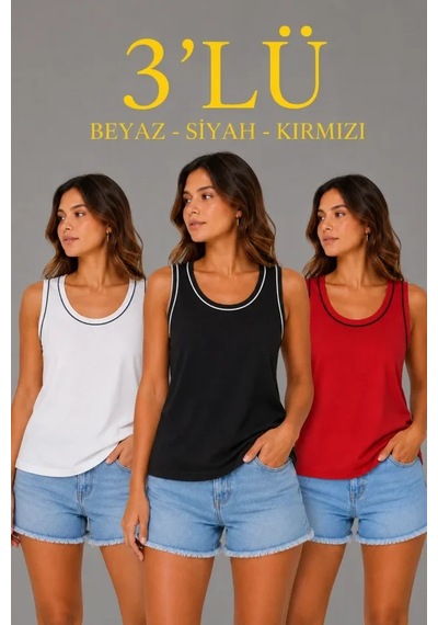 Modi 3 Lü Kolsuz Sporcu Atlet Seti Yazlık Bisiklet Yakalı - Beyaz, Siyah, Kırmızı Açık Krem - Siyah