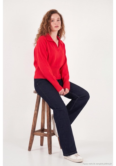Lela Yumuşak Dokulu Regular Fit Polo Yaka Kazak Kadın Kazak 680kz00163 Kırmızı