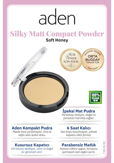 Aden Silky Matt Compact Powder - İpeksi Mat Pudra 03 Soft Honey Açık Bal 0