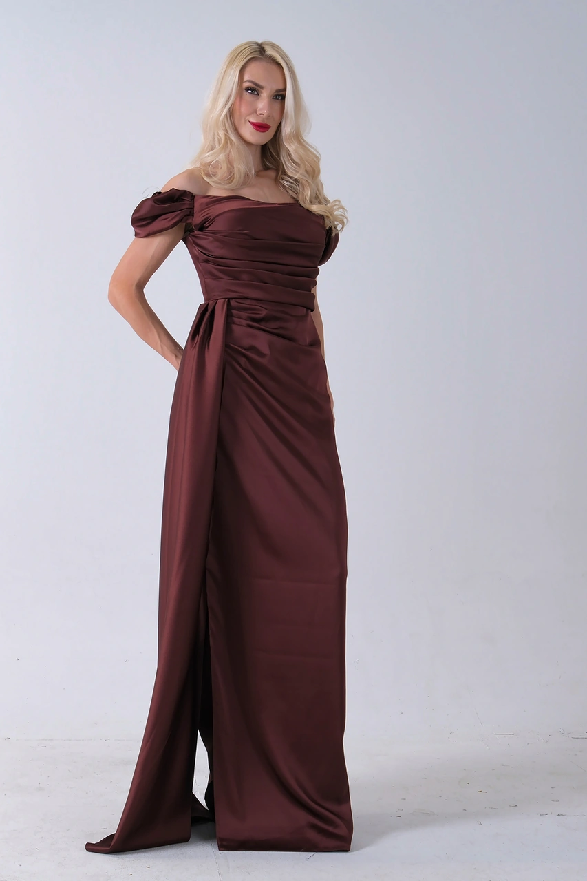 Feminist Kahve Drape Detaylı Saten Kumaş Abiye Elbise 9704858.05 Kahve