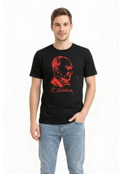 De'charme Erkek Atatürk Baskılı Tişört Kısa Kollu Bisiklet Yaka T-shirt - Siyah