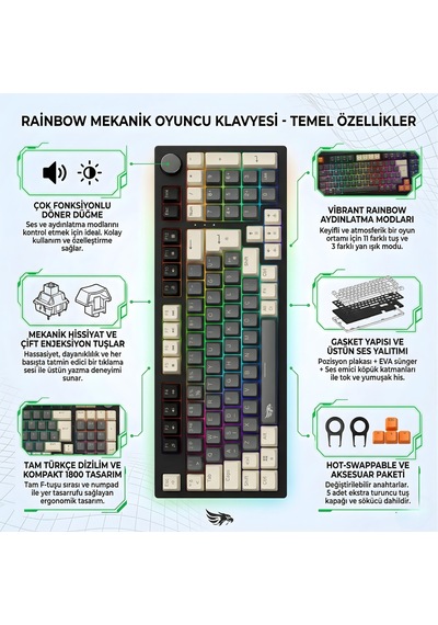 Rgb Kablolu Mekanik Oyuncu Klavyesi Mavi Switch Gasket Yapı Rgb Gaming Kablolu Klavye, Gaming Keyboard Rgb Gameagle Numpadli Full