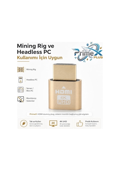 Primex Px-5245 Hdmı Dummy Plug 4k Uhd Sanal Monitör Emülatörü, Hdmı Ekran Kartı Dummy Adaptör, Mining Rig, Bitcoin, Headless Pc Ve Uzaktan Erişim İçin Monitör Taklit Aparatı