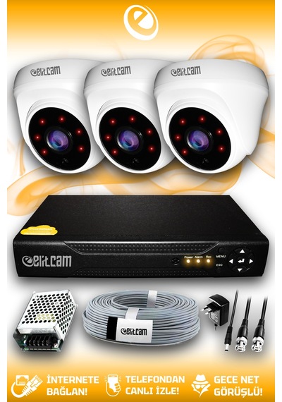 Elitcam 3 Kameralı Dome 3 İç Kamera Set HDD'siz Full HD Gece Görüşlü Güvenlik Kamerası Sistemi
