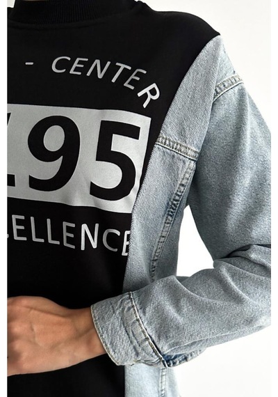 Femelle Kadın Baskılı Kolu Kot Içi Şardonlu Pamuk Sweatshirt siyah
