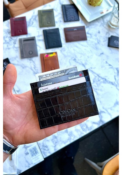 Unisex Mia Croco Siyah Gerçek Hakiki Deri Ultra Ince Dokulu Kartlık Croco Siyah