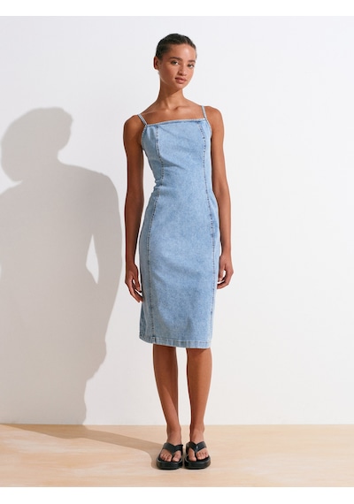 Dilvin 90563 Power Likra Ortaboy Denim Elbise-mavi Mavi