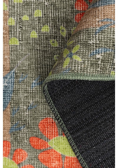 Artloop Florart Zeytin Yeşili / Turuncu Doğa Temalı Çiçekli Dokuma Tabanlı Modern Şönil Halı Al 483
