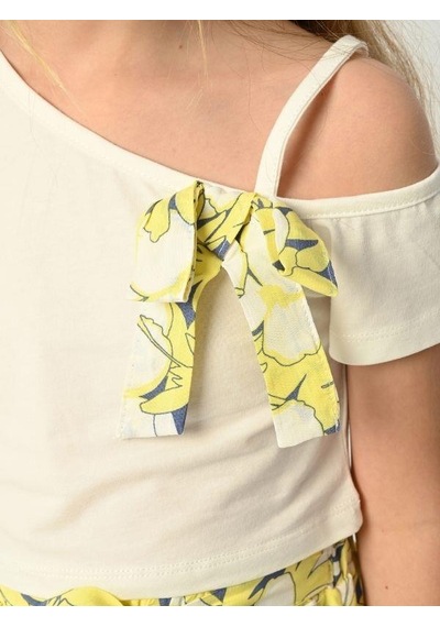 Zekids Kız Çocuk Çiçek Desenli Tek Omuz Etekli Takım-13918 Ekru