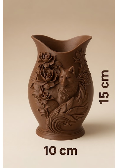 Kurt Desenli Gül Kabartmalı Dekoratif Vazo Mat Dokulu Ev Ofis Salon Masa Raf Süsü Çiçeklik 15x10 Cm Kahverengi