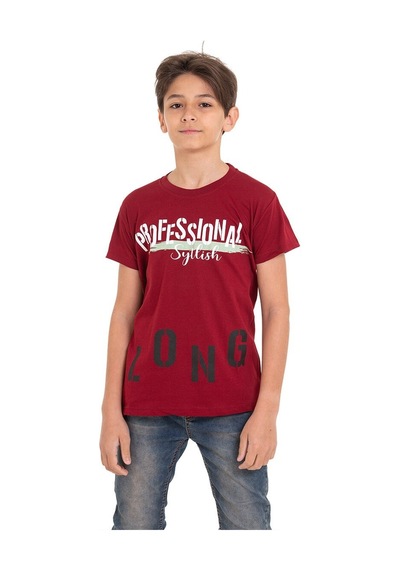 Bordo Long Baskılı Bisiklet Yaka 13-16 Yaş Tişört 2012-5 Bordo