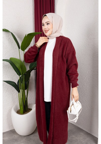 Hira Life Fashion Kadın Şal Yaka Uzun Triko Ve Sakallı Tüylü Hırka Bordo Bordo