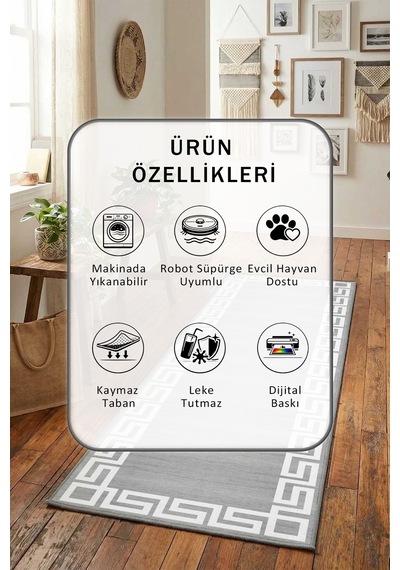 Versusmilat Gri Beyaz Salon Mutfak Yatak Odası Yıkanabilir Yolluk Beyaz - Gri