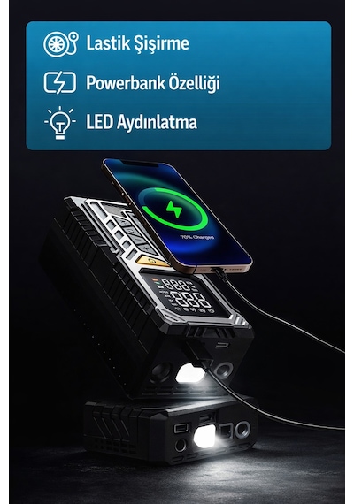 Şarjlı Araç Kompresörü 50w Dijital Basınç Ölçer & Led Işıklı Taşınabilir Hava Pompası