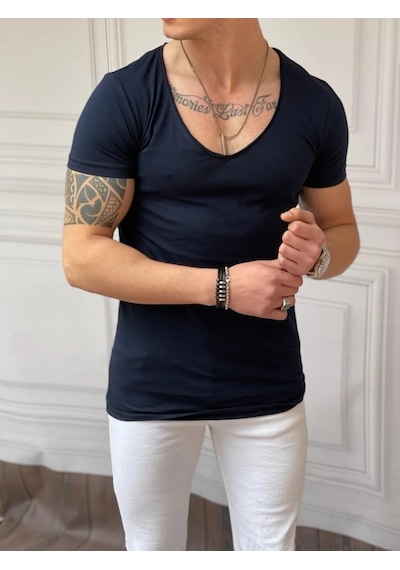 Modefendi Slim Fit Derin Açık Yaka Pamuklu Tshırt Lacivert