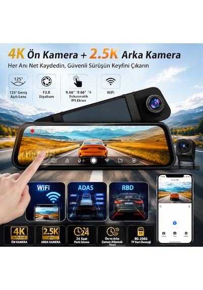 Pasens Araç Dikiz Aynası Dvr 4k Ultra Hd Ön + 1080p Arka Kamera, 10" Ips Dokunmatik Ekran, Wifi & App Kontrolü, Süper Gece Görüş, Bsd