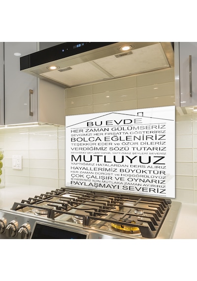 Decorita Cam Ocak Arkası Koruyucu |Bu Ev-Beyaz Fon| 49,5cm x 76cm