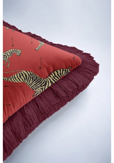 Zebra Figürlü Saçaklı Yastık Kılıfı - Safari Etnik Kırmızı Bordo Püsküllü Kırlent Kılıfı Yağmur Beyaz