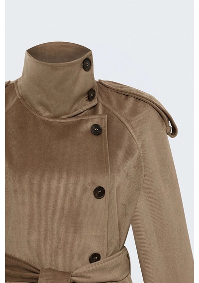 Sateen Dik Yaka Kadife Kısa Ceket Camel