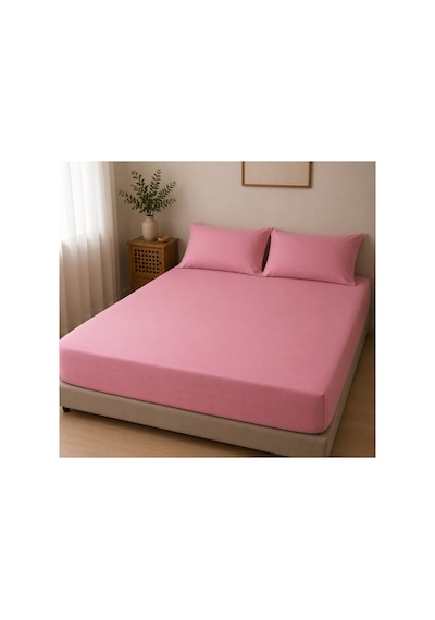 Çift Kişilik Lastikli Çarşaf Takımı 2 Adet Yastık Kılıflı 50x70 180x200+30 %100 Pamuk Koyu Pembe