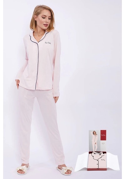 Pierre Cardin Classic Siyah Kadın Gömlek Pijama Takım Toz Somon
