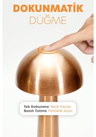 Şarjlı Mantar Masa Lambası Metal Dokunmatik 3 Işık Parlaklık Ayarlı Gece Masa Üstü Lamba Bakır A4 Bakır