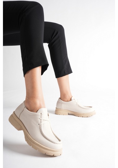 Analin Ayakkabı Kadın Hakiki Deri Light Tabanlı Bağcıklı Loafer Ayakkabı Krem