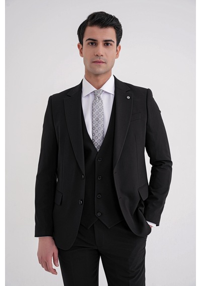 Efor Slim Fit Çift Yırtmaç %97 Yün Esnek Siyah Yelekli Klasik Takım Elbise Tk 937 Siyah Efor Slim Fit Çift Yırtmaç %97 Yün Esnek Siyah Yelekli Klasik Takım Elbise Tk 937 Siyah