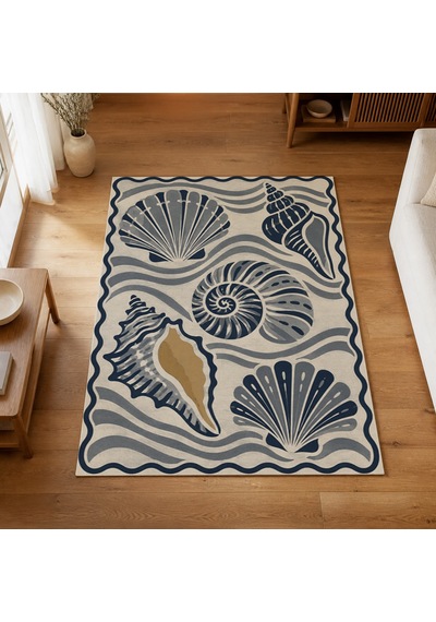 Kartela Halı Deniz Kabuğu Desenli Halı Lacivert Kaymaz Taban Makinede Yıkanabilir 200x300 Cm
