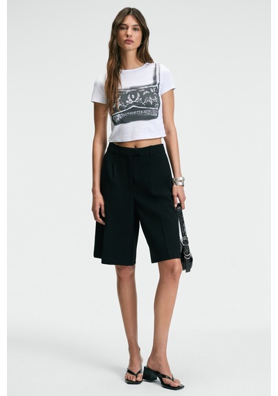 Ethıquet SERAYA Kadın Bisiklet Yaka Kısa Kollu Önü Baskılı Crop Beyaz T-Shirt