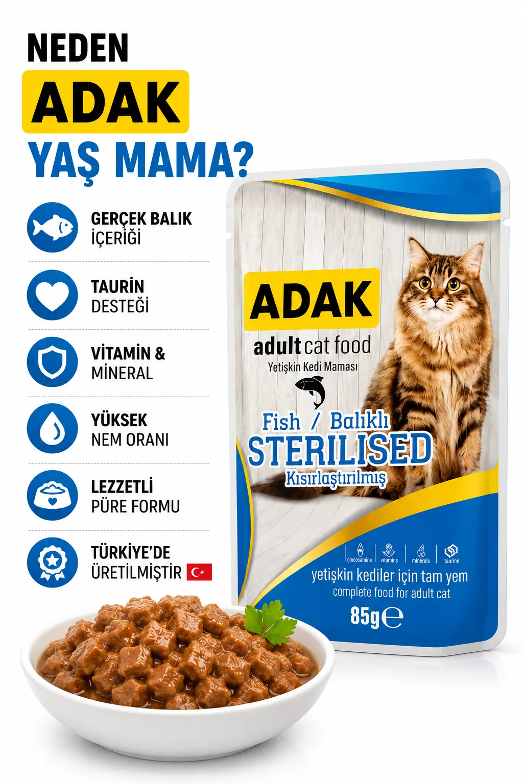 Adak Sterilised Kısırlaştırılmış Yetişkin Kedi Yaş Mama Pouch Balıklı 85 Gr X 24 Adet 24 Al 20 Öde