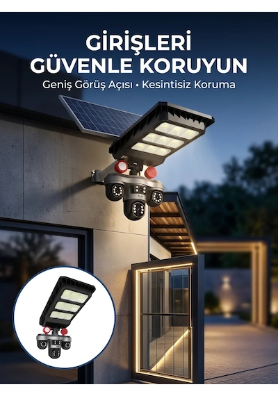 Akıllı Solar Güvenlik Kamerası 3 Lens Hareket Takip Özellikli Dış Ortam Kamera Siyah