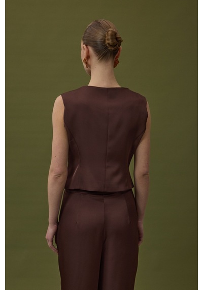 Sateen Klasik Düz Yelek - Kahve-137028 Kahve