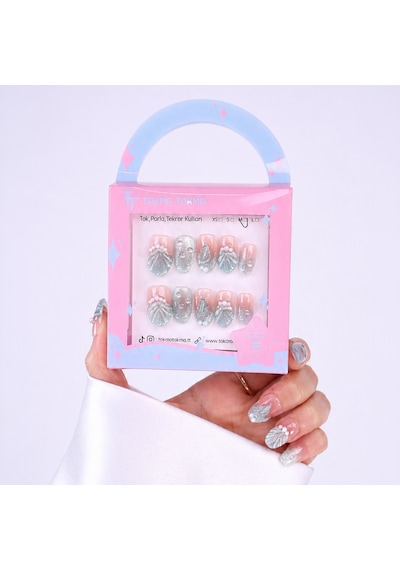 Takma Tırnak Mavi Nail Art Kısa Oval 10'lu Tekrar Kullanılabilir El Yapımı Protez Takma Tırnak Ekov-3514 M