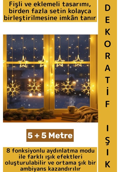 Wintoup Dış Mekan Balkon Vitrin Süsleme 8 Mod Fişli Eklemeli 5+5 Metre 10 Saçaklı Kar Tanesi Perde Led Işık Çok Renkli