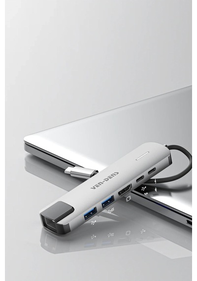 Ven-dens Vd-adp019 6 Sı 1 Arada Usb-c Hub Adaptör, 4k 30 Hz Hdmı, 90 W Pd, Usb 3.0 Ve Rj45, Gri