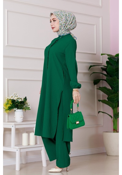 Sevitli Yırtmaç Detaylı Tunik Pantolon Takım-yeşil-4867
