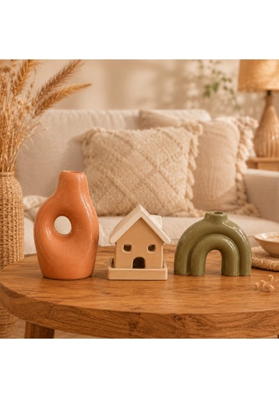 Momiko 3 Lü Modern Bohem Dekoratif Obje Ve Vazo Seti Ev, Kemer Ve Delikli Form Terracota-bej-yeşil