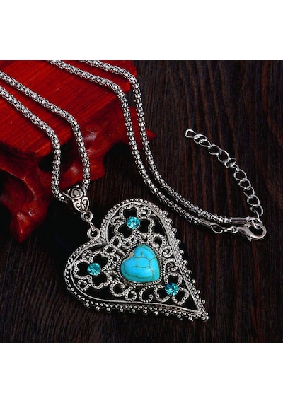 Hediyeci Abla Firuze Turkuaz Taşı Kalpli Taşlar Süslü Kolye Gümüş - Altın - Rose Gold