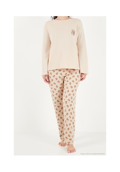 Lela Yumuşak Dokulu Desenli Uzun Kollu Pijama Takımı Kadın Pijama Takımı 6575018 Krem