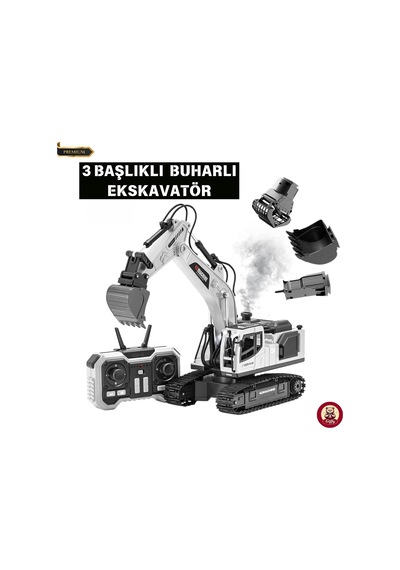 Oyuncak Uzaktan Kumandalı Şarjlı Buharlı Ekskavatör 3 Başlıklı Led Işıklı Sesli 360 Dönen Paletli İş Makinesi
